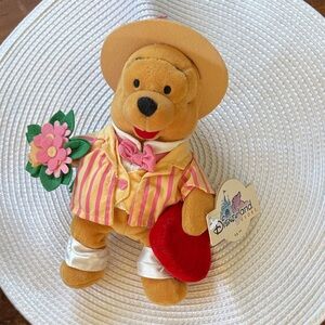 Disney Yellow Tan Winnie the Pooh Plush with Pink Stripes and Red Heart